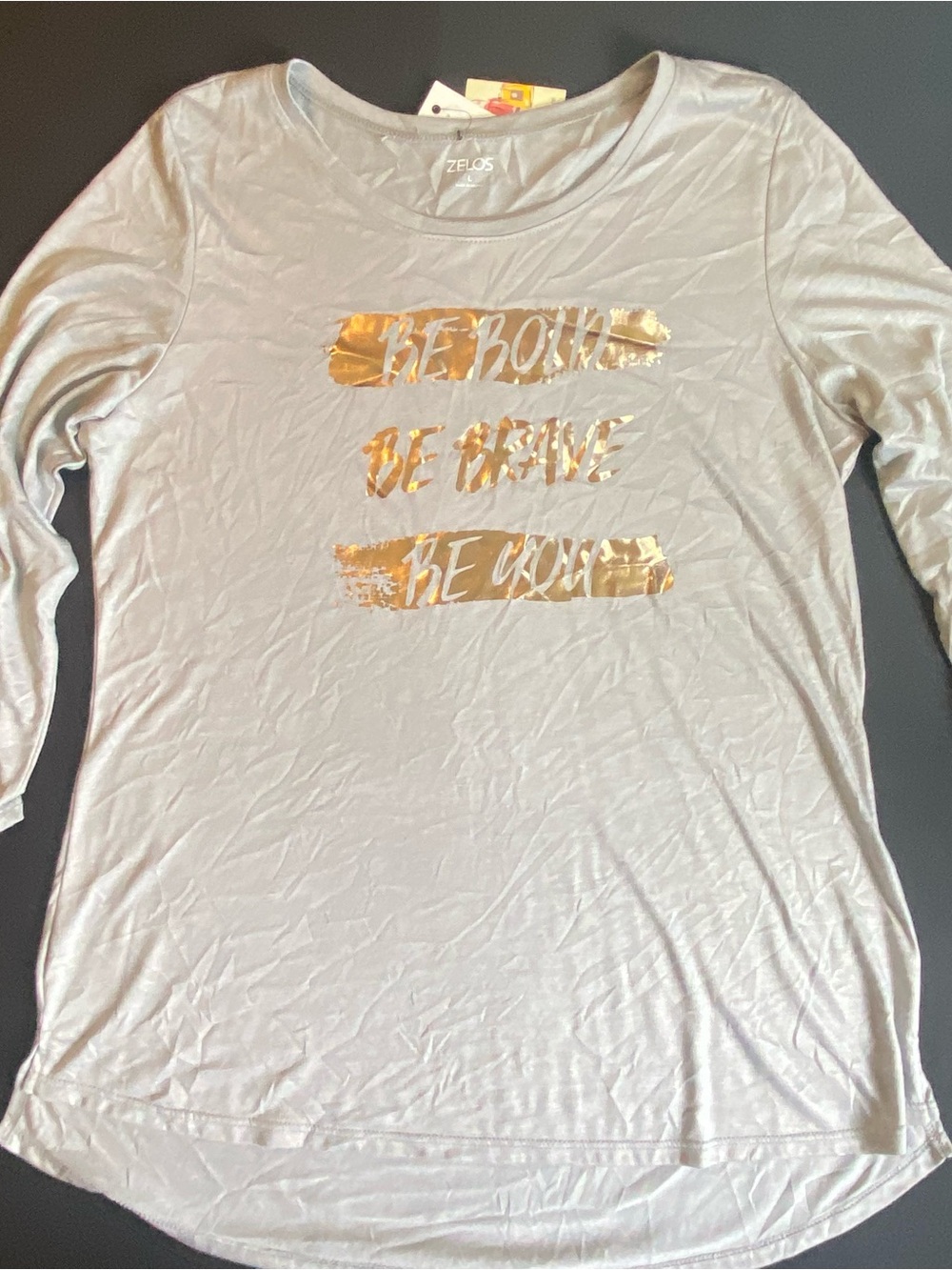 ZELOS Light Gray Long Sleeve Tee with Gold Foil Script